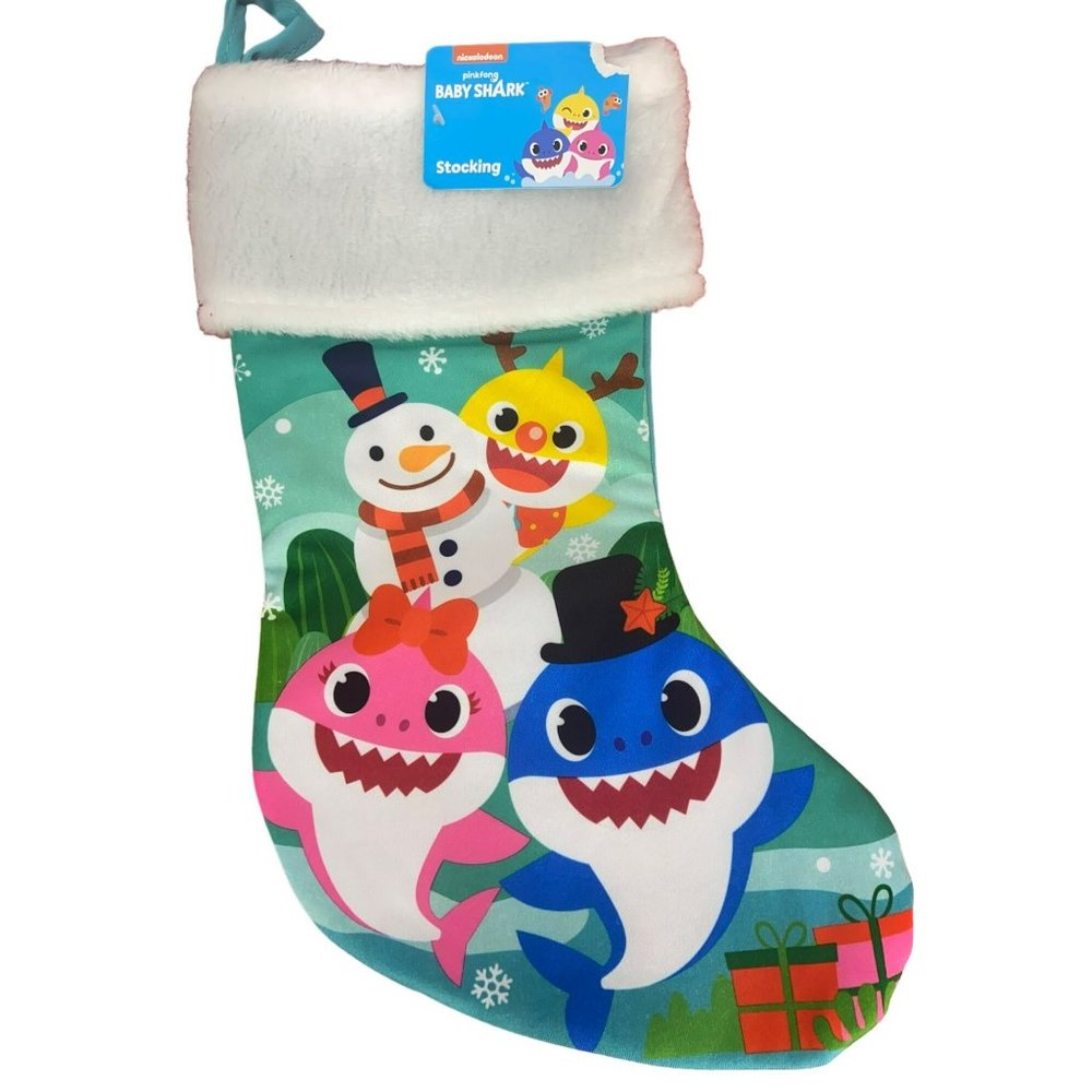 Baby Shark Christmas Stocking White Fuzzy Top New 14 inch